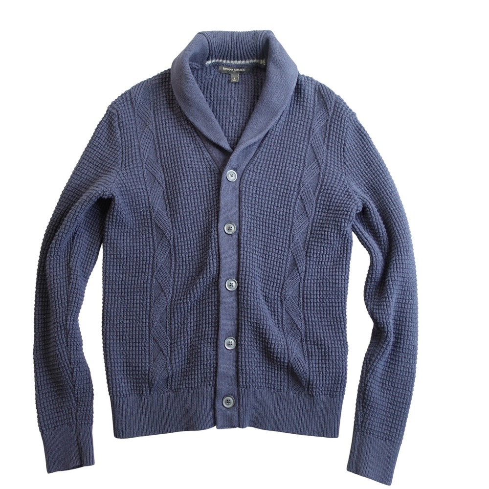 Banana Republic Shawl Collar Cardigan Mens S Blue Waffle Knit Cotton Sweater